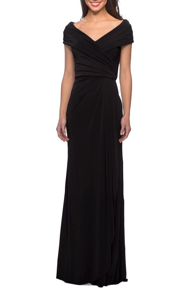 La Femme Ruched Jersey Column Gown in Black Cover