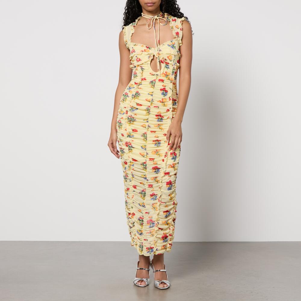 De La Vali Ruched Floral-Print Chiffon Midi Dress Cover