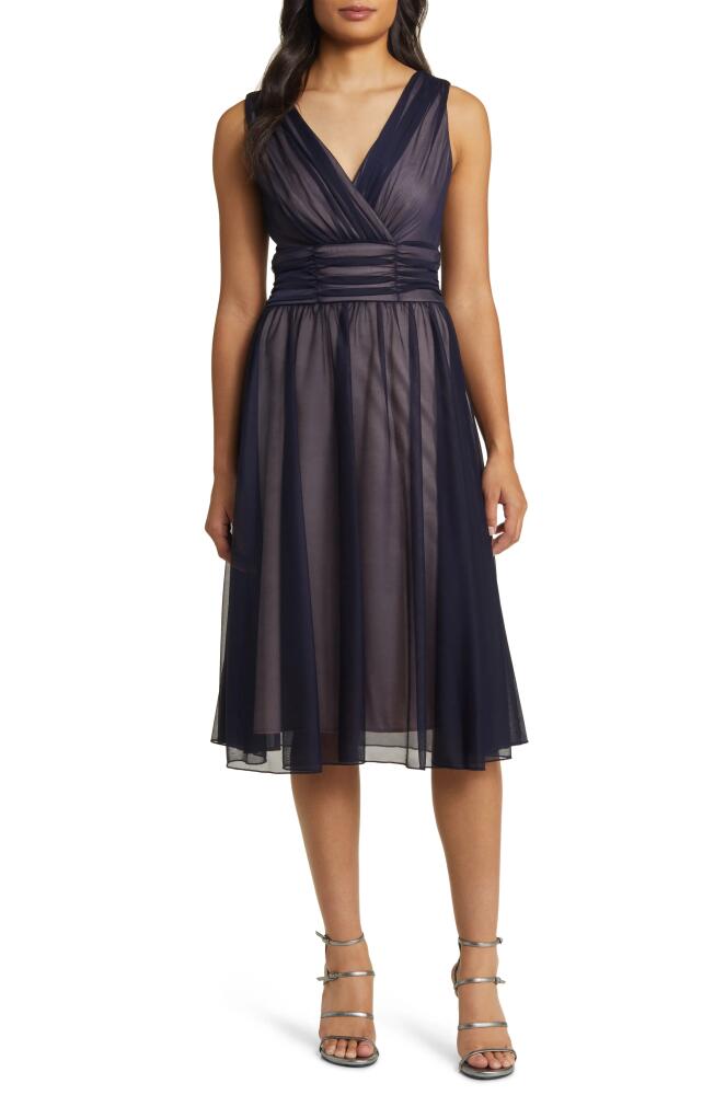 Connected Apparel Chiffon Overlay Fit & Flare Dress in Navy Mauve Cover