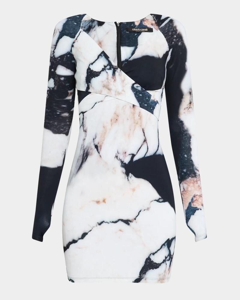 Roberto Cavalli Marble-Print CrissCross Long-Sleeve Mini Dress Cover