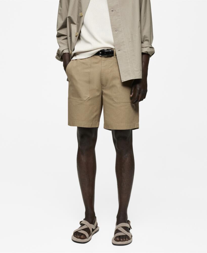 Mango Men's Herringbone Cotton Bermuda Shorts - Khaki Cover