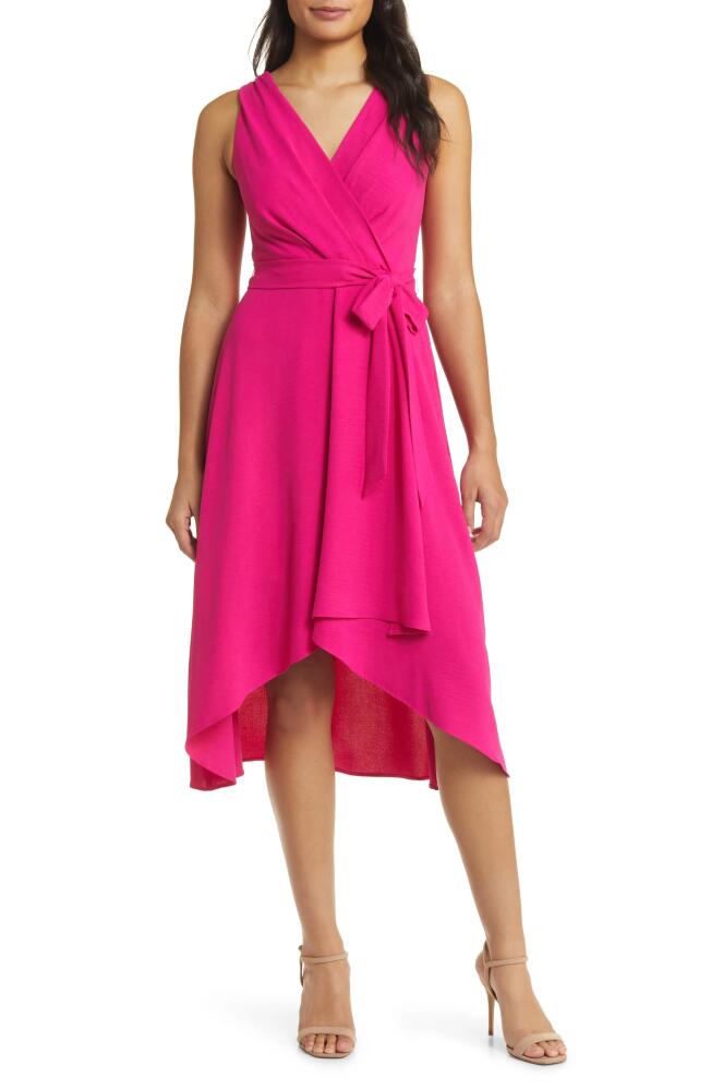 Connected Apparel Tie Belt Faux Wrap High-Low Dress in Bright Fuchsia Cover