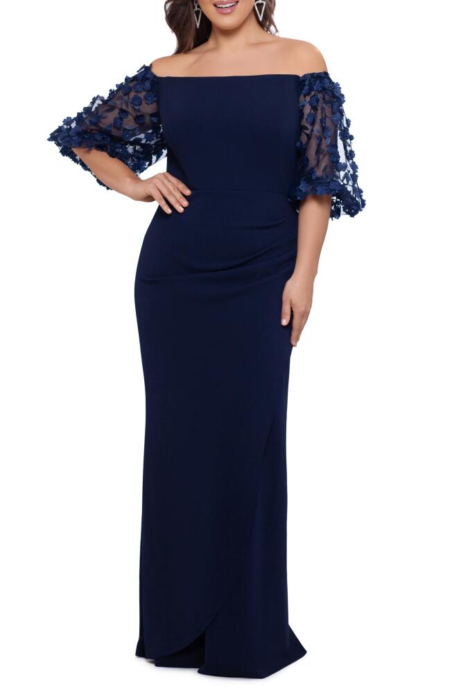 Xscape Evenings Xscape 3-D Floral Sleeve Off the Shoulder Gown in Navy Cover