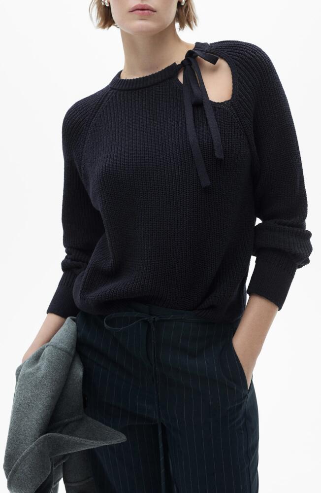 MANGO Tie Neck Cutout Sweater in Dark Navy Cover