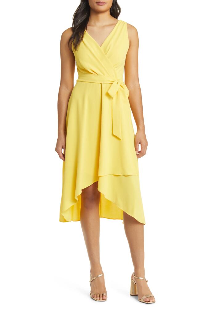 Connected Apparel Tie Belt Faux Wrap High-Low Dress in Yellow Cover