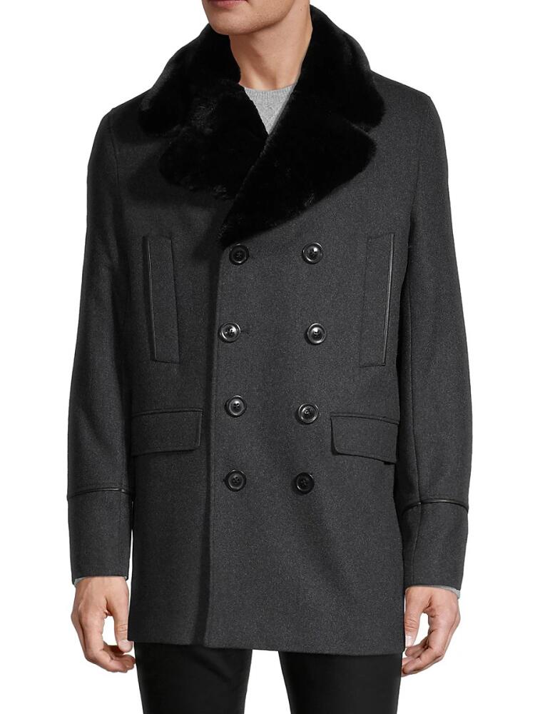 Karl Lagerfeld Paris Men's Faux Fur-Collar & Wool-Blend Peacoat - Charcoal Black Cover