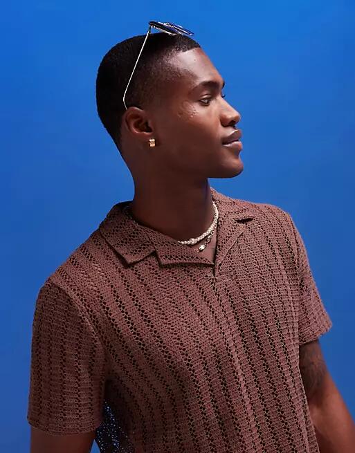 ASOS DESIGN polo shirt in brown crochet fabric Cover