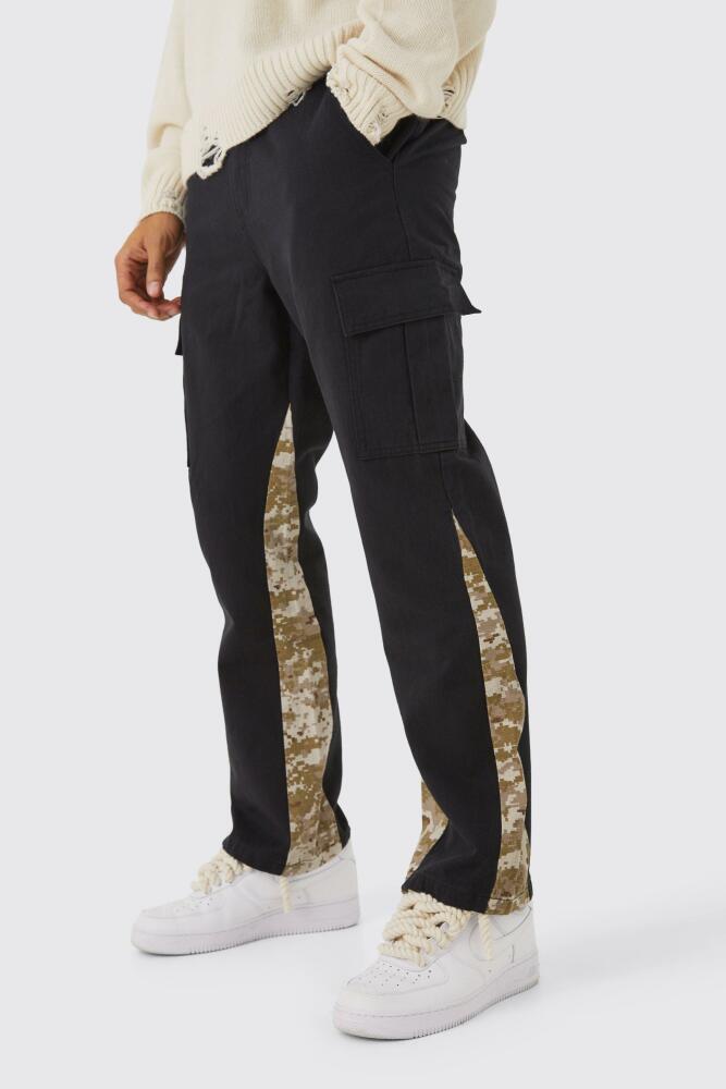 boohoo Mens Straight Leg Flared Camo Gusset Cargo Pants - Black Cover