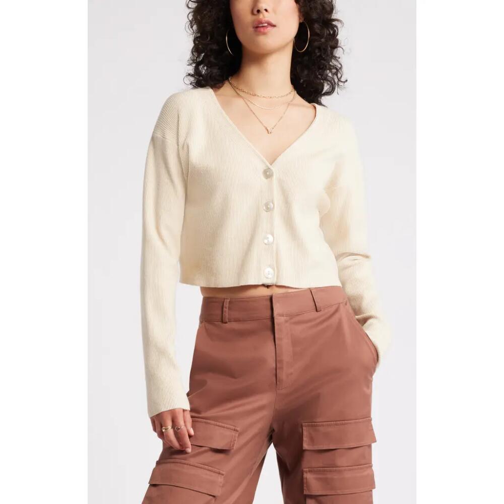 BP. Crop V-Neck Cardigan in Beige Oatmeal Light Heather Cover