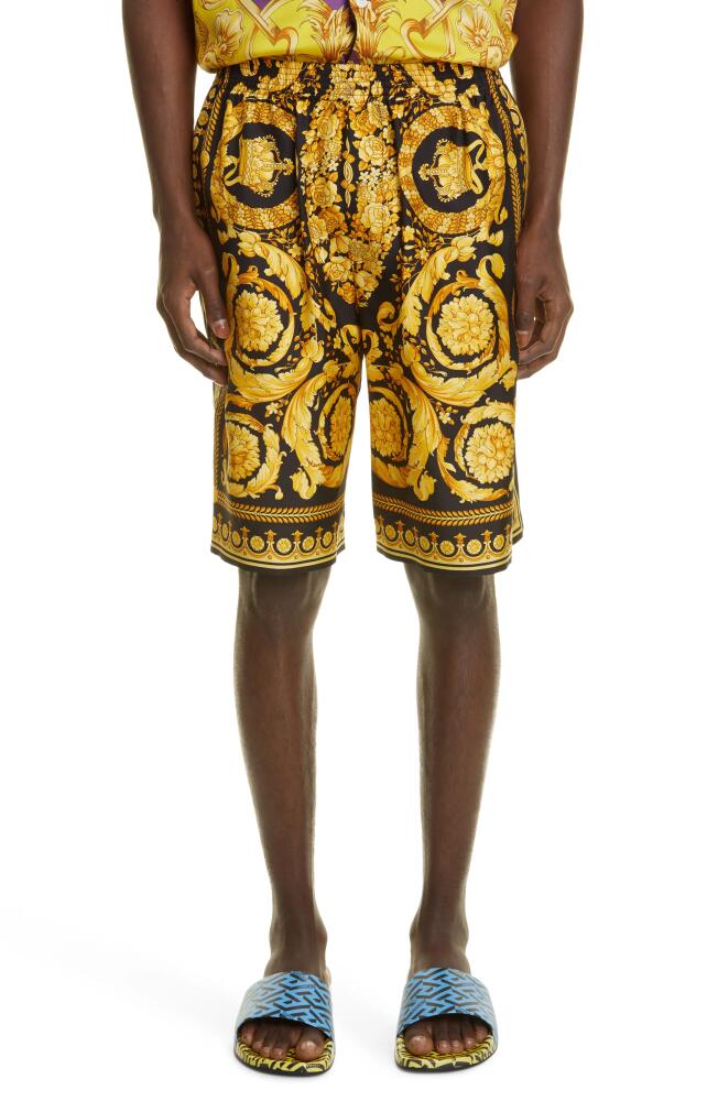 Versace Barocco Print Silk Shorts in Black Gold Cover