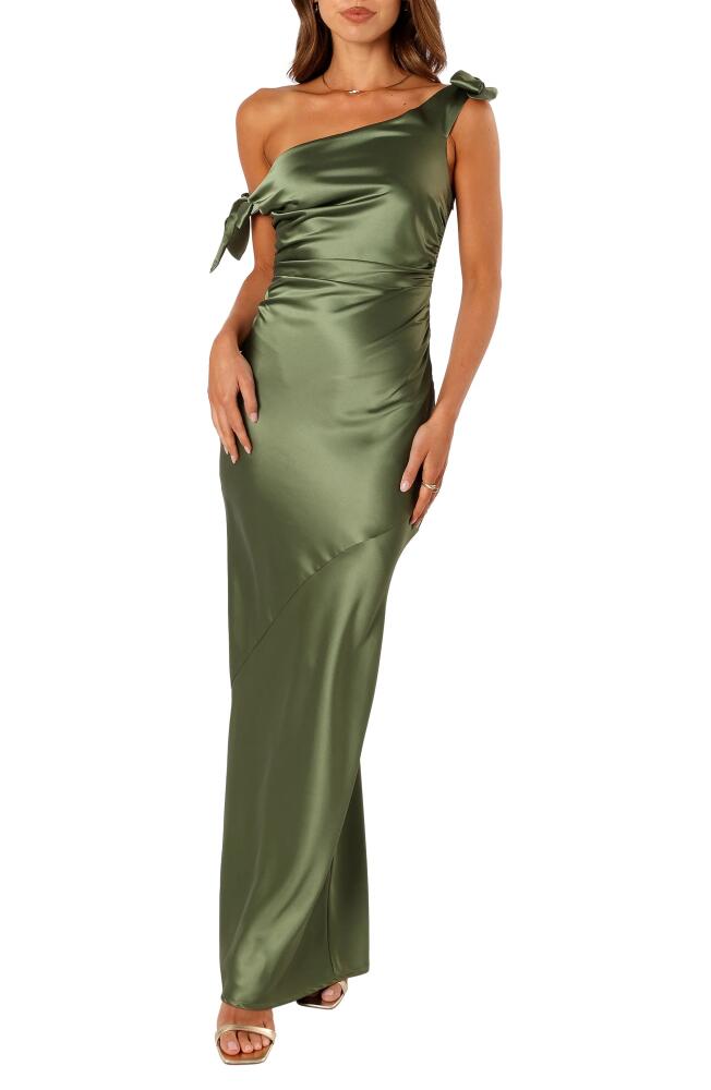 Petal & Pup Selma One-Shoulder Satin Gown in Olive Cover