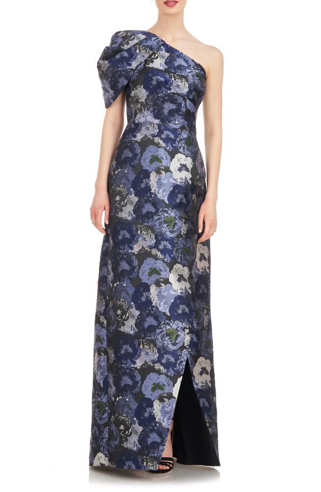 Kay Unger Briana Asymmetric Floral Jacquard Gown in Cornflower Cover