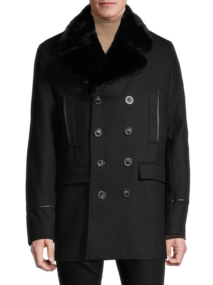 Karl Lagerfeld Paris Men's Faux Fur-Collar & Wool-Blend Peacoat - Black Black Cover