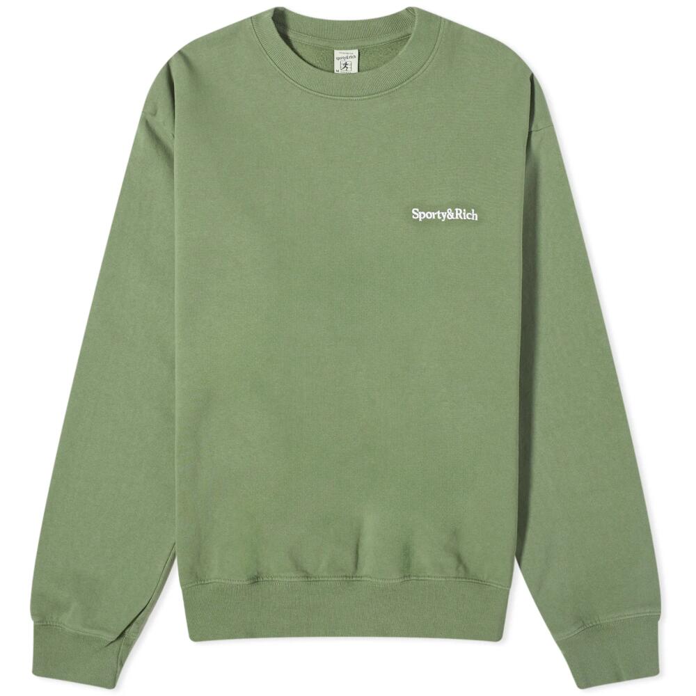 Sporty & Rich Men's Serif Logo Embroidered Crew Sweat in Moss Cover