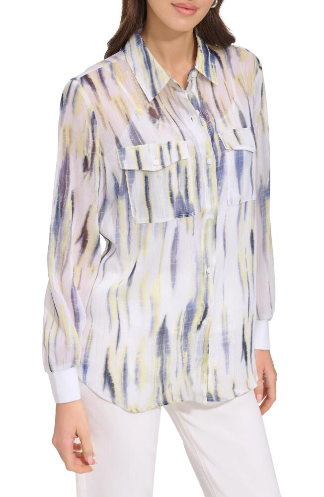 DKNY Metallic Print Chiffon Button-Up Shirt in White/Inky Blue Multi Cover