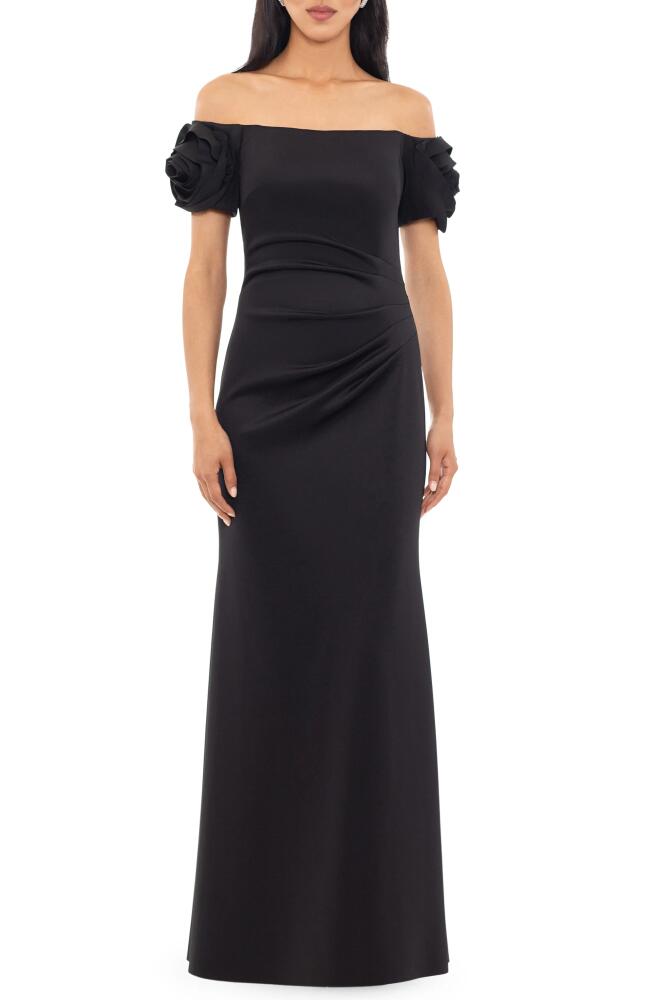 Xscape Evenings Rosette Off the Shoulder Scuba Gown in Black Cover