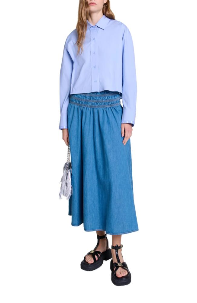 maje Smocked denim skirt in Blue Jean Cover