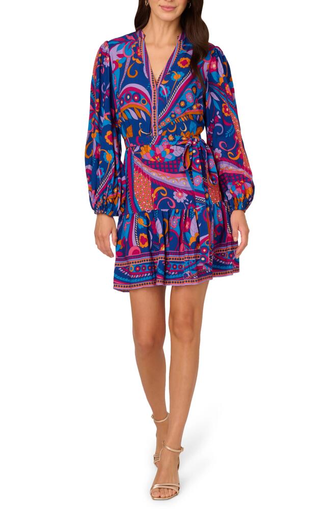 Adrianna Papell Print Tie Waist Long Sleeve Dress in Blue Multi Cover