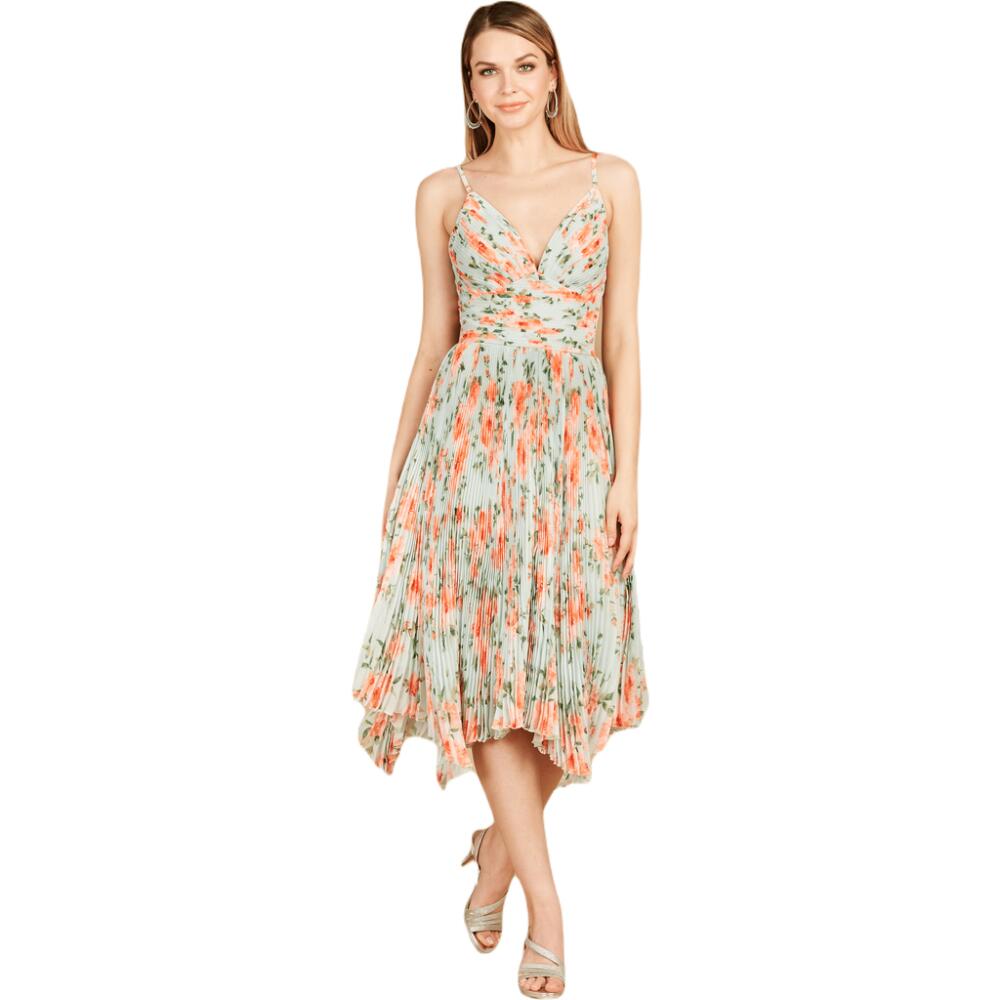 LARA New York V-Neck Printed Midi Length Dress with Pleats in Mint Cover