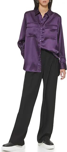 DKNY Long Sleeve Two-Pocket Button Front Blouse (Blackberry) Women's Clothing Cover