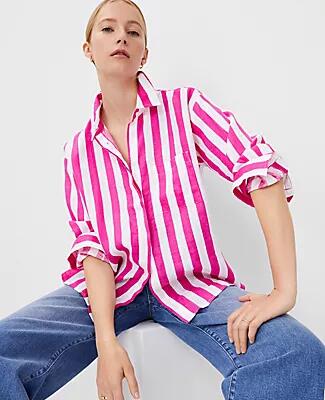 Ann Taylor Petite Striped Linen Oversized Shirt Cover