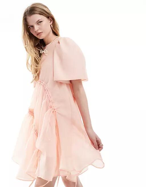 Ghospell asymmetric bow detail mini dress in pink Cover