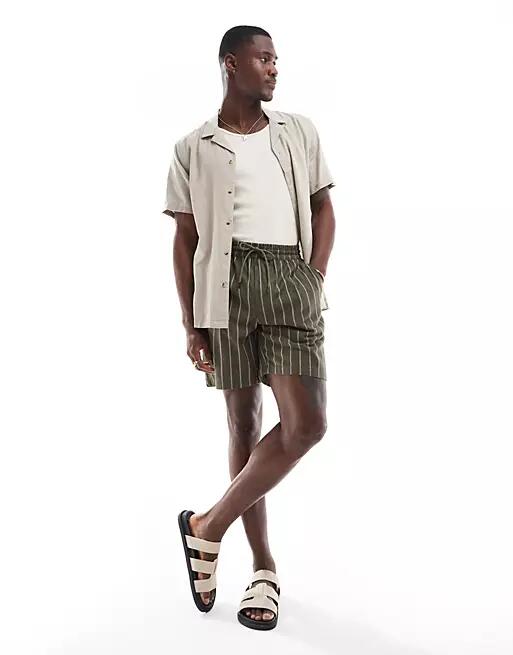 ONLY & SONS pull on linen mix shorts in olive stripe-Green Cover