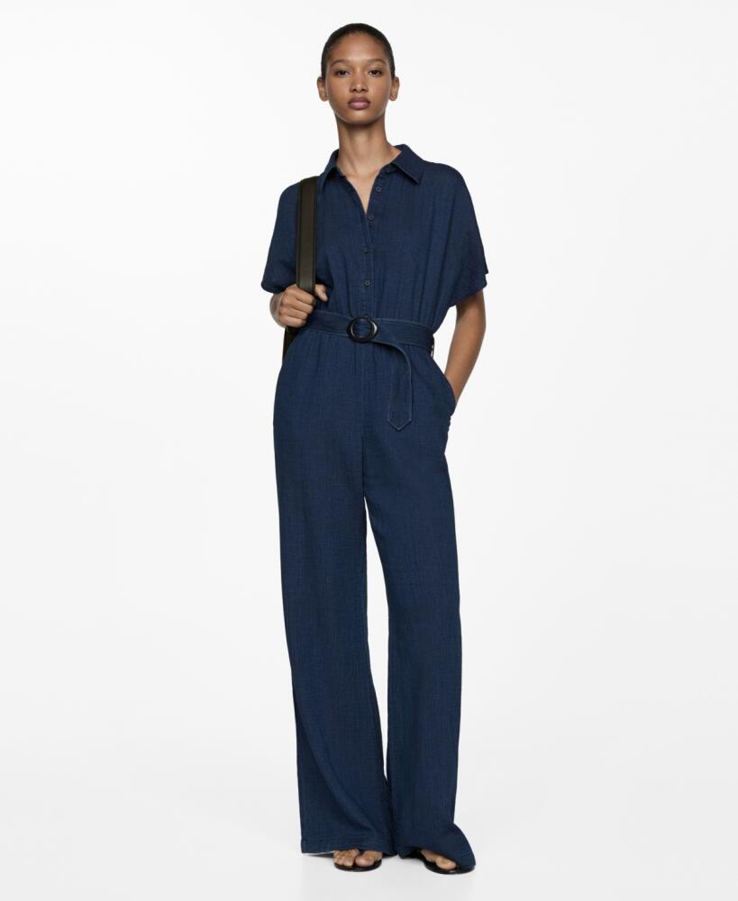 Mango Women's Belt Long Jumpsuit - Night Blue Cover