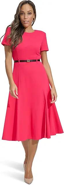 Calvin Klein Short Sleeve A-Line Midi Dress with Belt (Lipstick) Women's Dress Cover