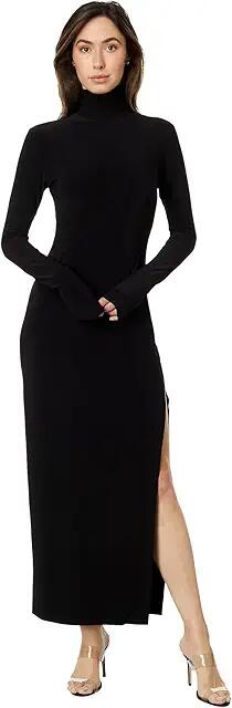 Norma Kamali Long Sleeve Turtleneck Side Slit Gown (Black) Women's Dress Cover