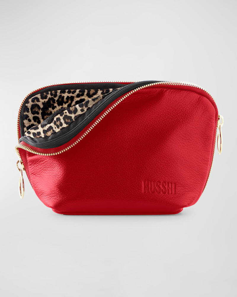 KUSSHI Everyday Leather Makeup Bag, Red/Leopard Cover