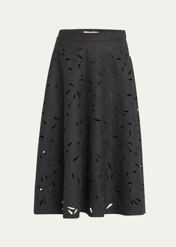 Brunello Cucinelli Flannel Wool A-Line Midi Skirt with Laser-Cut Floral Embroidery Cover