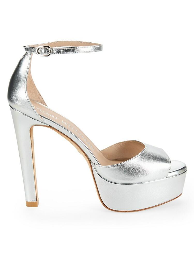 Stuart Weitzman Women's Disco Metallic Leather Platform Sandals - Silver Cover