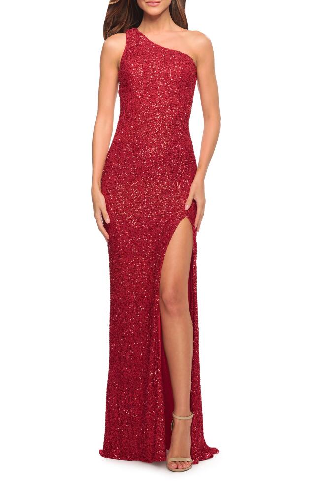 La Femme One-Shoulder Sequin Gown in Red Cover