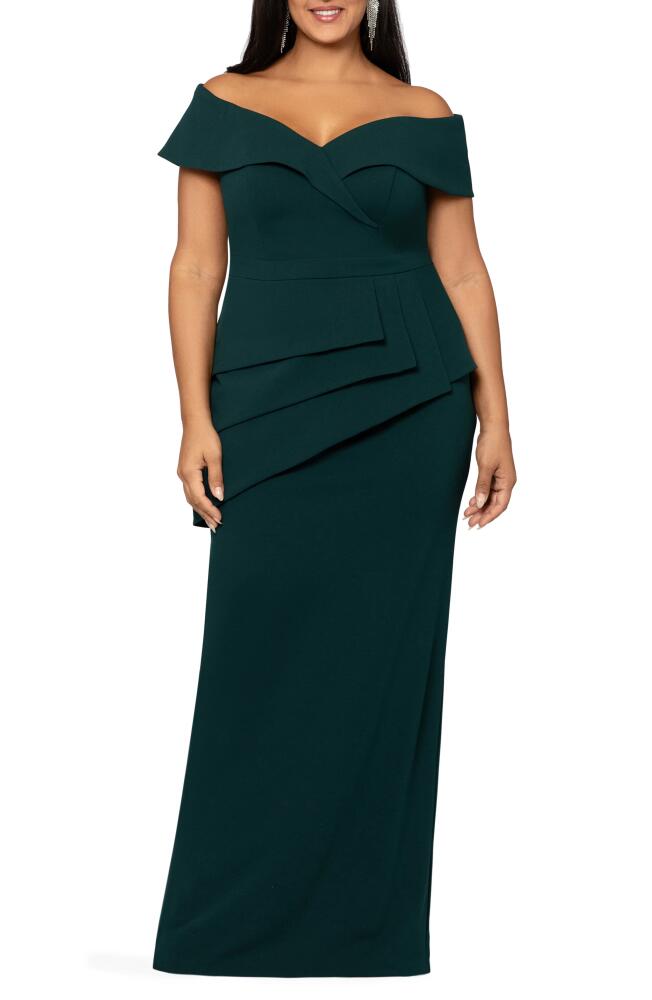 Xscape Evenings Xscape Off the Shoulder Scuba Crepe Column Gown in Pine Cover