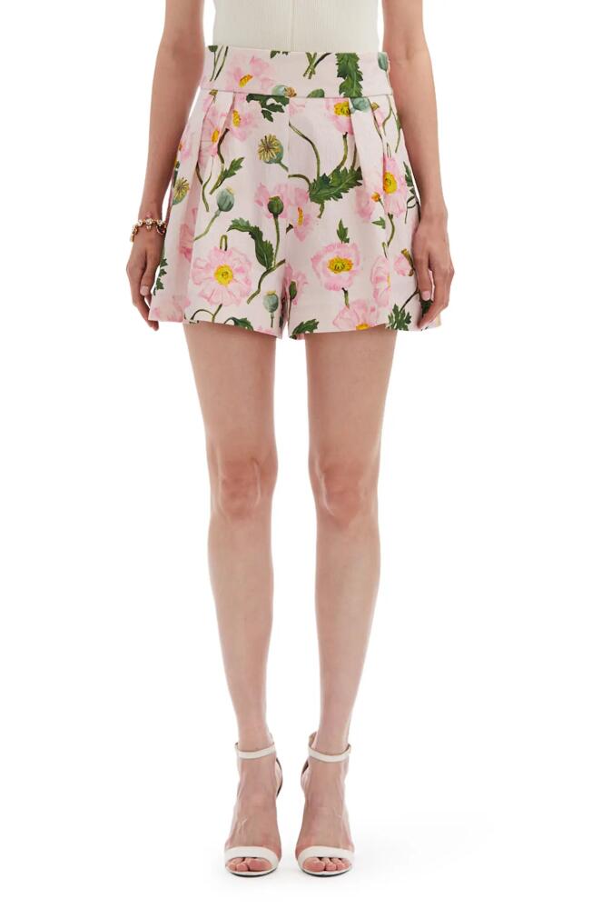 Oscar de la Renta Poppy Print Pleated Cloqué Jacquard Shorts in Pink/Soft Pink Cover