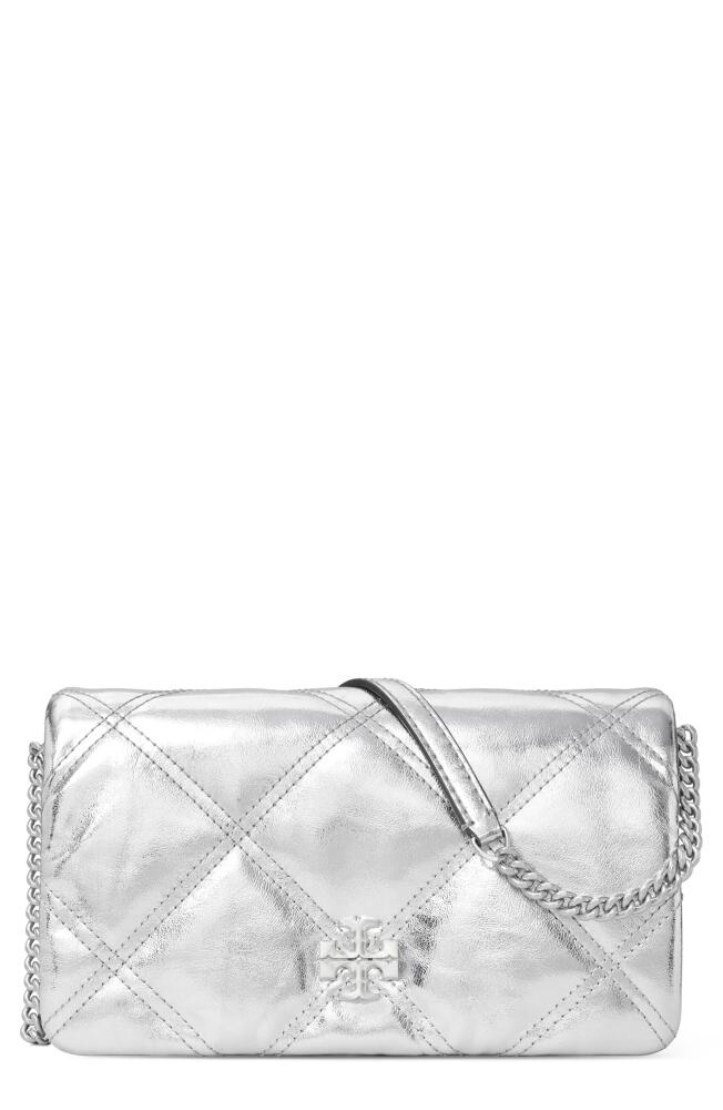 Tory Burch Kira Diamond Quilted Metallic Leather Wallet on a Chain in Silver Cover