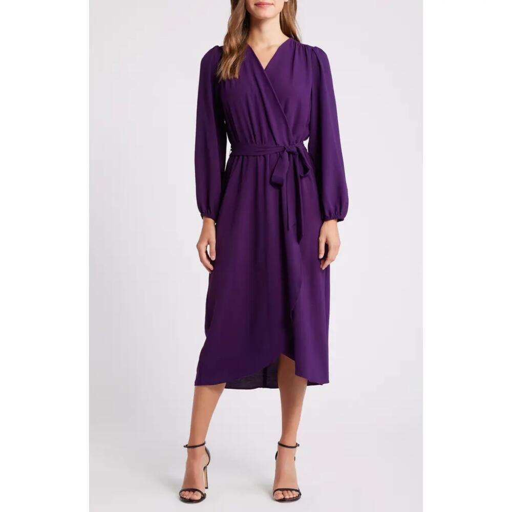 Connected Apparel Long Sleeve Faux Wrap Midi Dress in Grape Cover