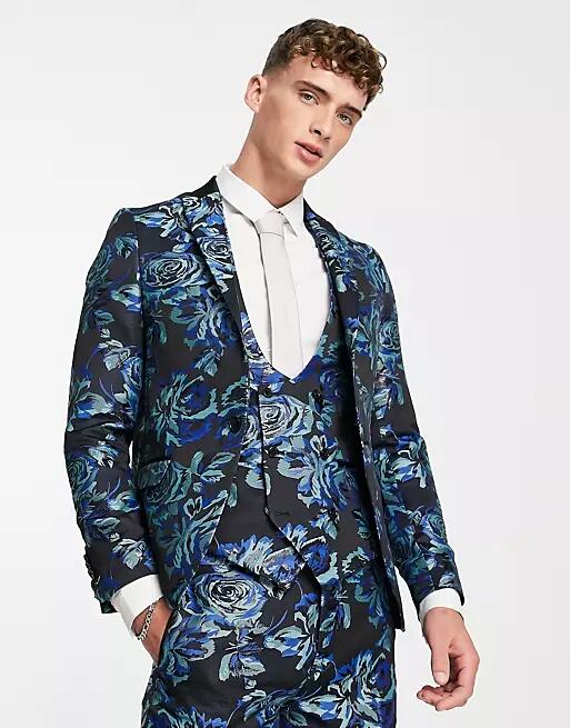 Twisted Tailor owsley suit jacket in black with teal and mint floral jacquard-Blue Cover