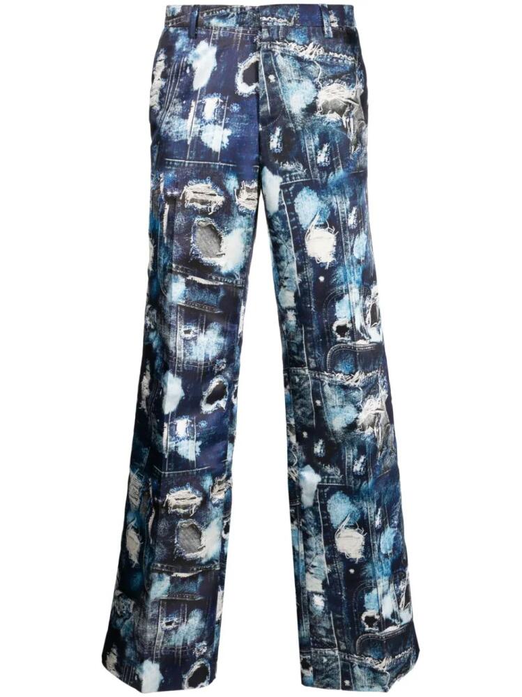 John Richmond ripped denim-print tailored trousers - Blue Cover