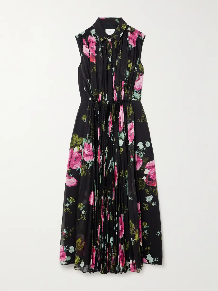 Erdem - Gathered Pleated Floral-print Chiffon Midi Dress - Black Cover