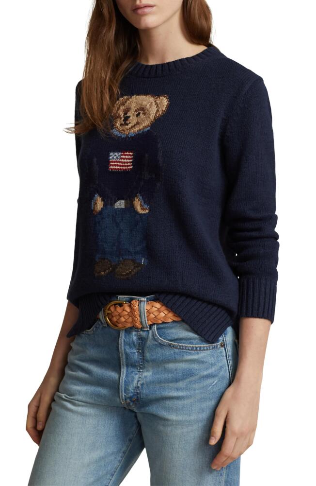 Polo Ralph Lauren Bear Graphic Cotton & Linen Crewneck Sweater in Navy Multi Cover