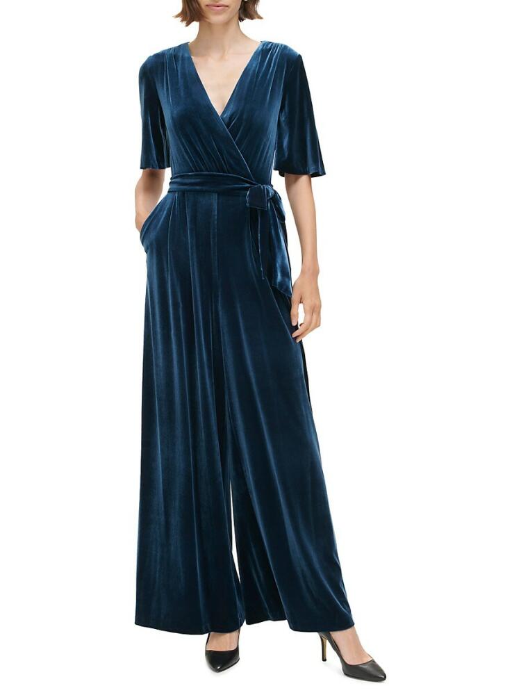 Eliza J Women's Tie Waist Velvet Jumpsuit - Blue Cover