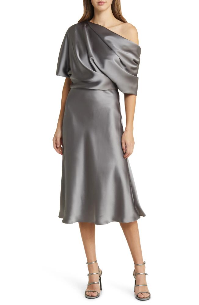 Amsale One-Shoulder Fluid Satin Cocktail Midi Dress in Gunmetal Cover