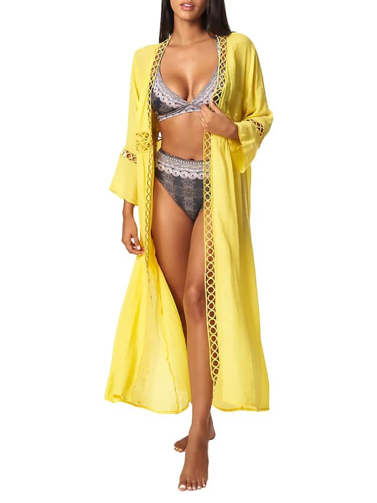 La Moda Clothing Women's Lace Trim Open Front Longline Cover Up - Yellow Cover