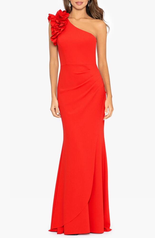 Xscape Evenings Ruffle One-Shoulder Mermaid Gown in Red Cover