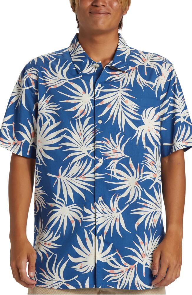 Quiksilver Beach Club Leaf Print Short Sleeve Organic Cotton Blend Button-Up Shirt in Monaco Blue Cover