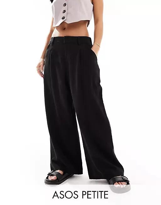 ASOS DESIGN Petite Wide leg dad pants with linen in black Cover