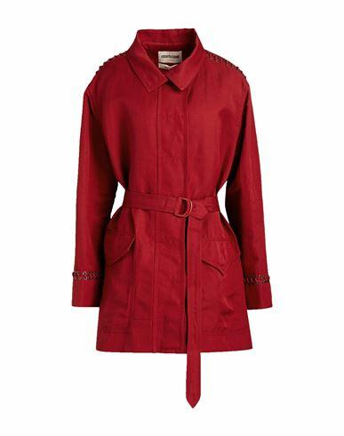 Roberto Cavalli Woman Overcoat & Trench Coat Brick red Linen, Polyester Cover