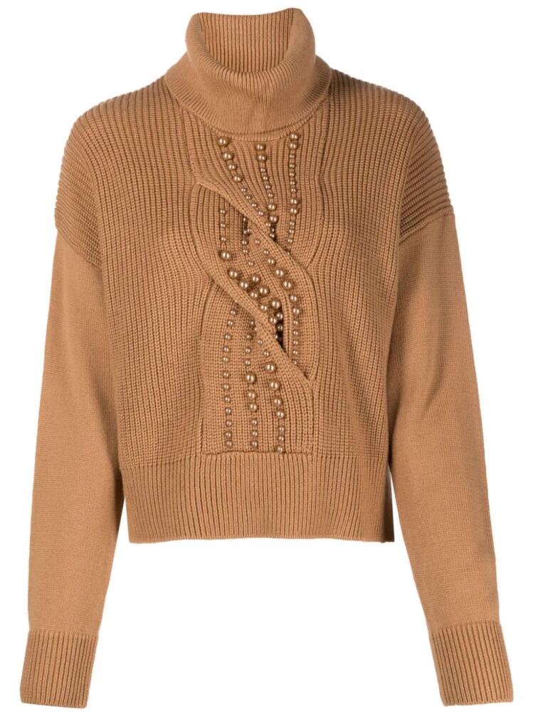 LIU JO hihg-neck pearl-embellished jumper - Brown Cover